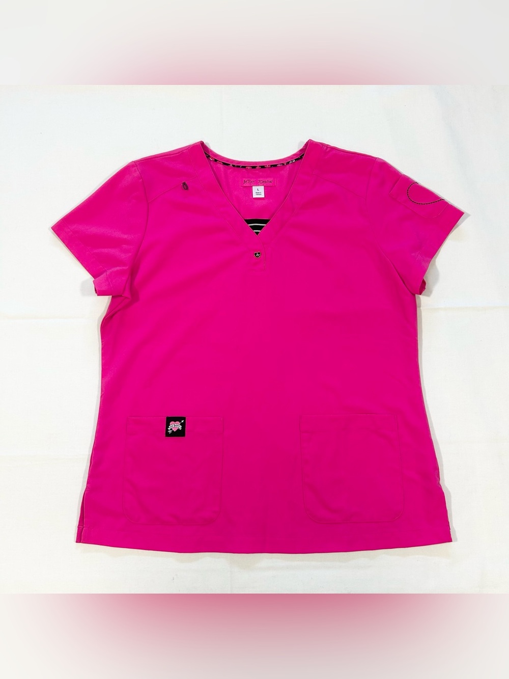 Koi Betsey Johnson Sz Large Scrub Top Hot Pink Striped Lined Inside V Neck Heart